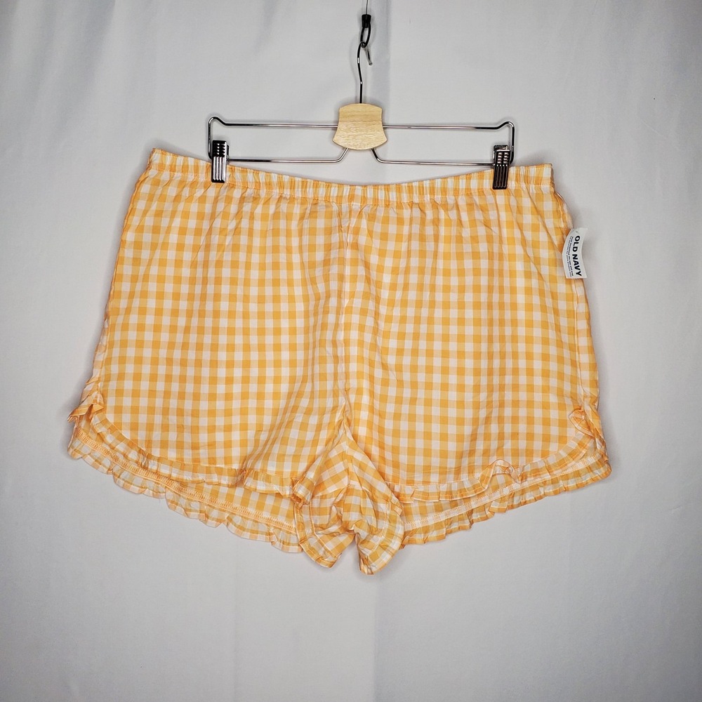 Old Navy Lounge Shorts Women XL Peach White Gingham Plaid Ruffle Beach Sleep